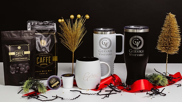 Gervasi Caffè gift collection with branded mugs, K-cups, chocolate-covered espresso beans, and holiday décor—ideal Christmas gifts from Canton, Ohio.