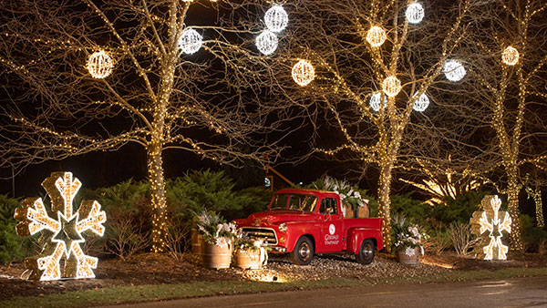 Vintage red Gervasi Vineyard truck parked under glowing Christmas lights with festive barrels, ornaments, and oversized snowflake decorations during the holidays in Canton, Ohio.