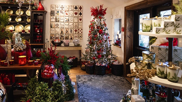 Marketplace Galleria at Gervasi Vineyard in Canton, Ohio, filled with Christmas décor, gourmet gifts, and holiday home accents.