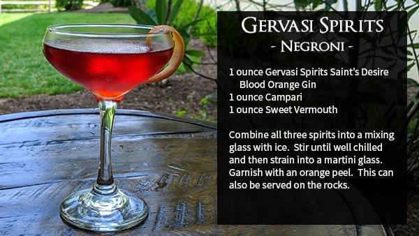 Negroni 1 ounce GS Saint’s Desire Blood Orange Gin 1 ounce Campari 1 ounce Sweet Vermouth Combine all three spirits into a mixing glass with ice. Stir until well chilled and then strain into a martini glass. Garnish with and orange peel. This can also be served on the rocks instead.