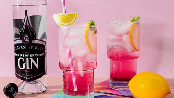 Refreshing pink gin cocktails with citrus garnish made with Gervasi Spirits Pink Peppercorn Gin