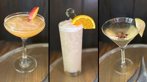 Trio of fall cocktails at Gervasi Vineyard featuring fresh garnishes like apple, orange, thyme, and star anise.
