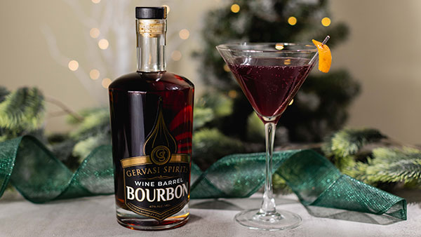 Gervasi Spirits Wine Barrel Bourbon served in a holiday cocktail with festive garnish, perfect for seasonal gatherings and gift giving.