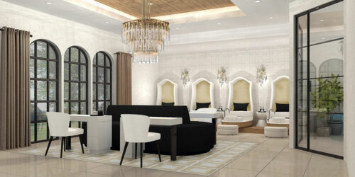 Modern spa interior at Gervasi Vineyard featuring plush pedicure chairs, soft neutral tones, arched windows, and a crystal chandelier—highlighting the resort’s luxurious upgrades and rebranding in 2023.