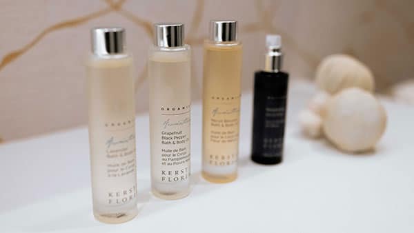 Close-up of luxury Kerstin Florian spa products used at The Spa at Gervasi Vineyard, emphasizing premium skincare and organic ingredients.