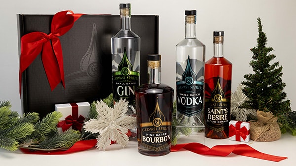 Gervasi Vineyard’s holiday spirit gift box featuring Bourbon, Vodka, Gin, and Saint’s Desire Blood Orange Liqueur—ideal for holiday entertaining or gifting.