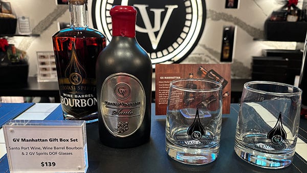 GV Manhattan Gift Box Set featuring Santo Port Wine, Wine Barrel Bourbon, and two branded Gervasi Spirits glasses