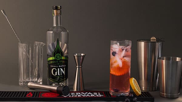 Cocktail bar setup with Gervasi Spirits Small Batch Gin, shaker set, and a finished blueberry citrus cocktail