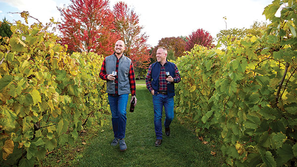 Two guests enjoy a stroll with wine in hand through the colorful autumn vineyard at Gervasi Vineyard.